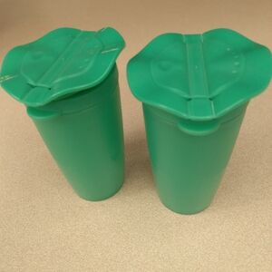 Tupperware Vintage Green Salt And Pepper Set With Flower Top.